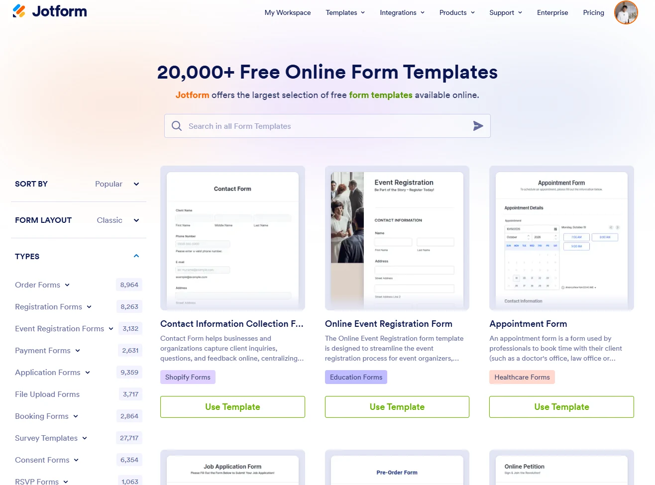 Jotformのテンプレート一覧。