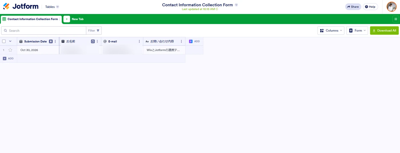 Jotform Tablesの受信結果（メールアドレスをマスク）。