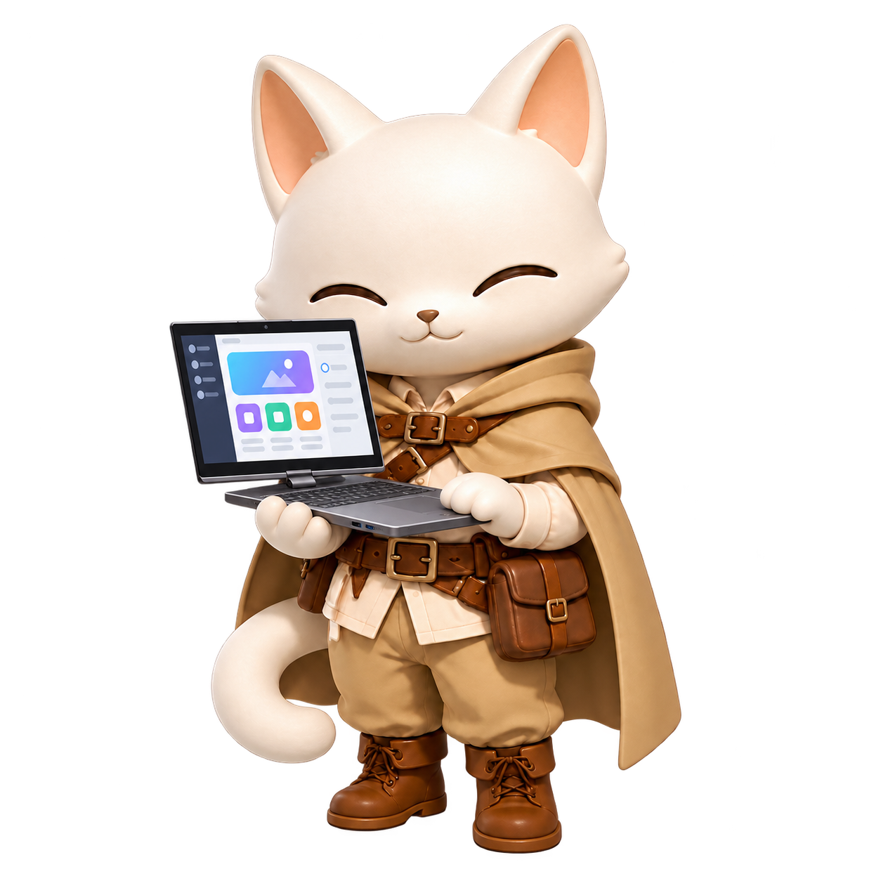 回転式画面のノートPCを持つ冒険猫ナナ