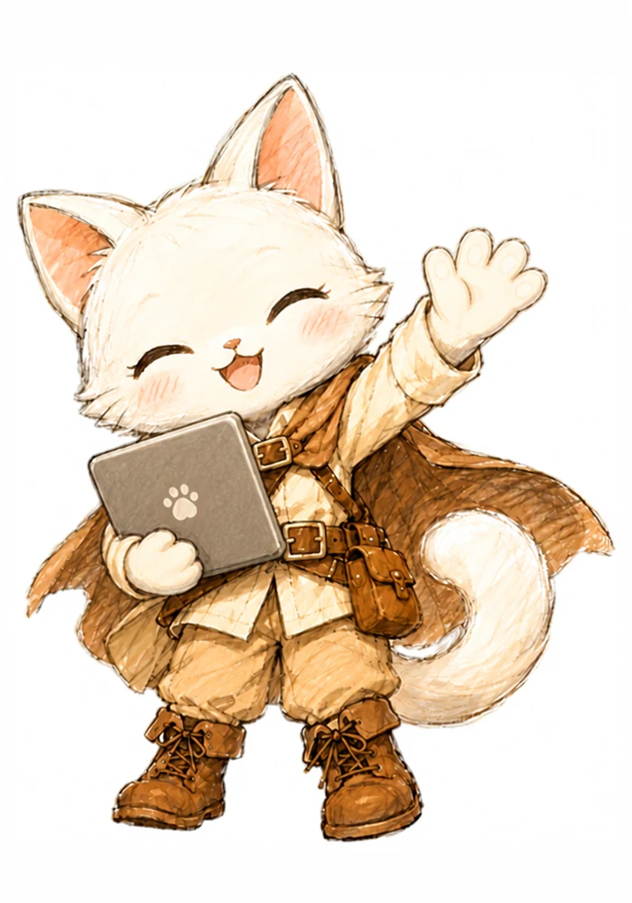 タブレットを持つ冒険猫ナナ