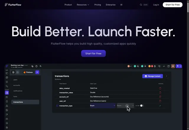 FlutterFlowの公式サイトの雰囲気