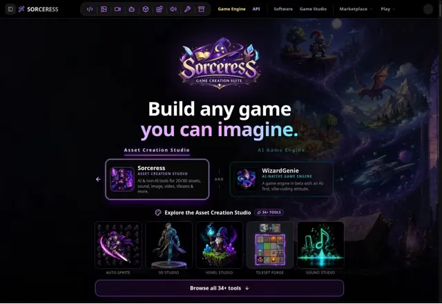 Sorceressの公式サイトのトップ画面
